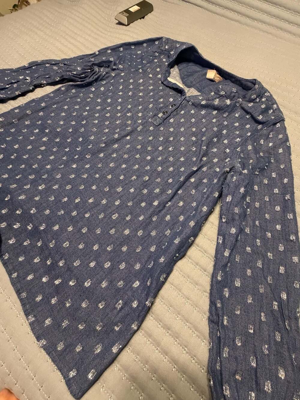 Chico's Blue Long Sleeve Button-Front Blouse with silver Metallic Dot Texture - Picture 2 of 9